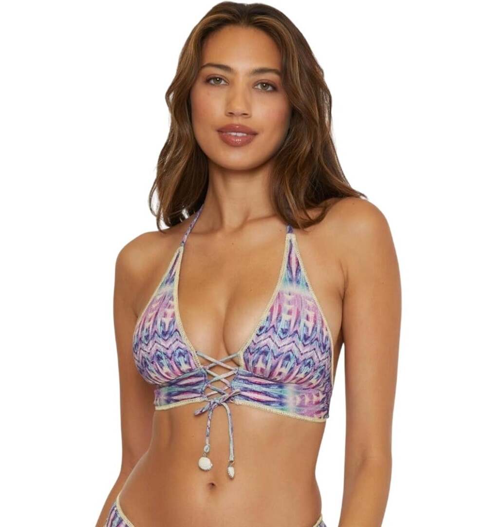 BECCA Women's Tulum Halter Bikini Top Small Purple Multi Printed Lace Front NWT